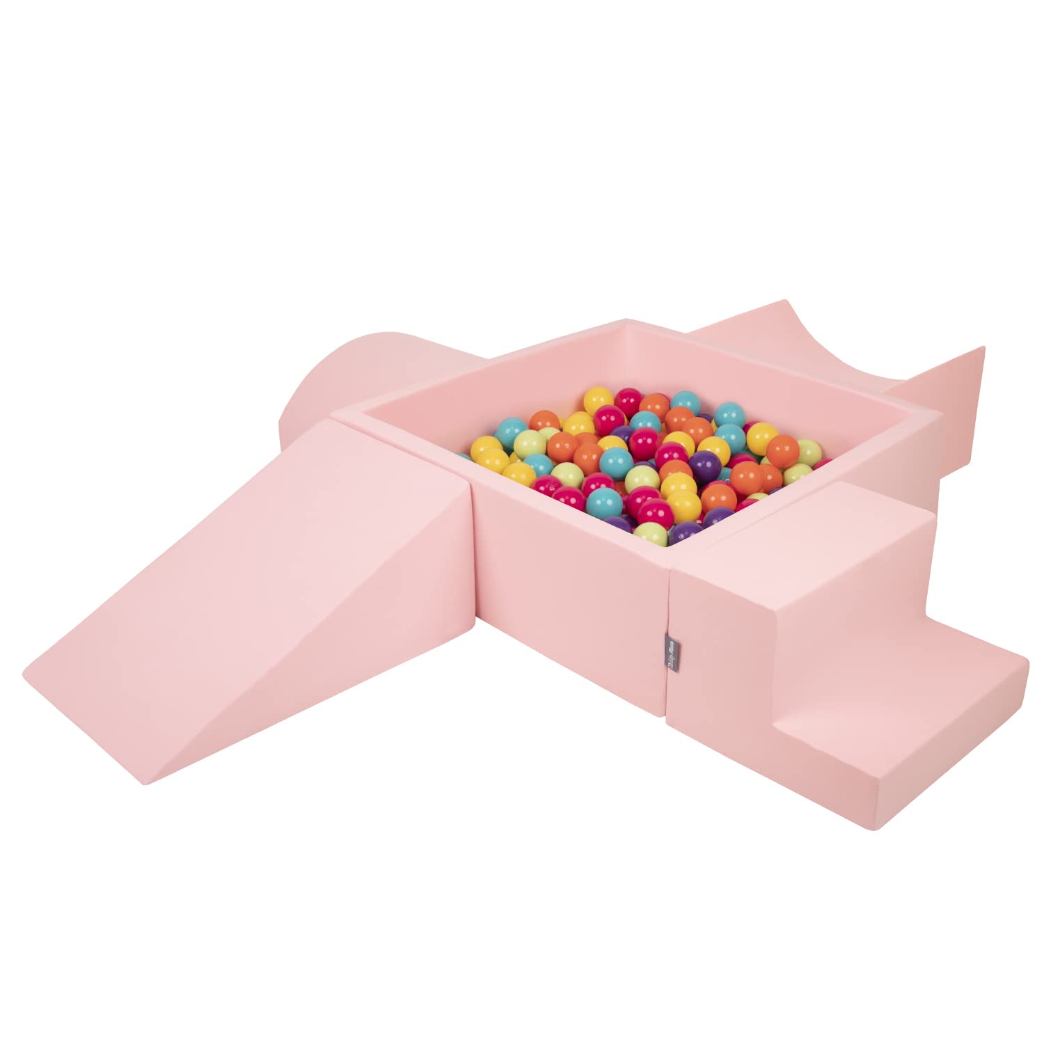 KiddyMoon Foam Playground For Kids With Square Ballpit (200 Balls ∅ 7Cm/2.75In) Soft Obstacles Course And Ball Pool Made In EU, Pink:Lgreen/Yellow/Turquoise/Orange/Dpink/Purple