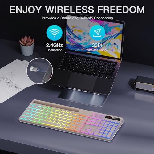Image of Soueto Wireless Keyboard with 7-Color RGB Backlit, Full-Size Computer Keyboard with Phone Tablet Holder, 2.4G Rechargeable Gaming Keyboard with Light Up Keys, Compatible with Mac, Windows (Latte)