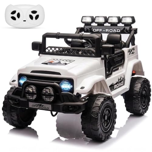 GarveeMore Coche Electrico para Niños 12V - Carro Electrico Infantil con Mando Remoto 2,4G, Música, Antivibración, Ruedas Anchas, 3 Velocidades y Luces LED - para Niños 3-5 Años, Blanco