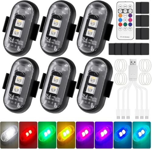 Pavlleen 6 Pezzi Luci Stroboscopiche Drone LED, luci anticollisione per auto impermeabili a 8 colori con telecomando, luci anticollisione con ricarica USB, per droni, motociclette, biciclette