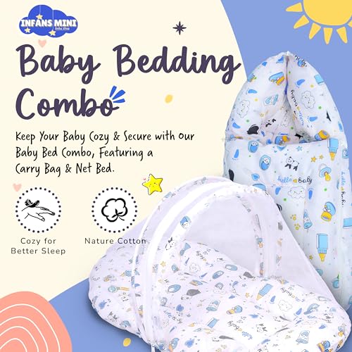 Image of Cotton Baby Bedding Set for New Born Baby Sleeping Bag, Mosquito Net Bed Suitable Upto 6 Months Babies (Panda Blue), 500 TC