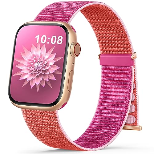 OHOTLOVE Nylon Band Compatible with Apple Watch Band 38mm 40mm 41mm 42mm 44mm 45mm 49mm for Women Men, Soft Braided Stretchy Solo Loop Sport Band for iWatch Series 9/8/7/6/5/4/SE/Ultra Pomegranate S