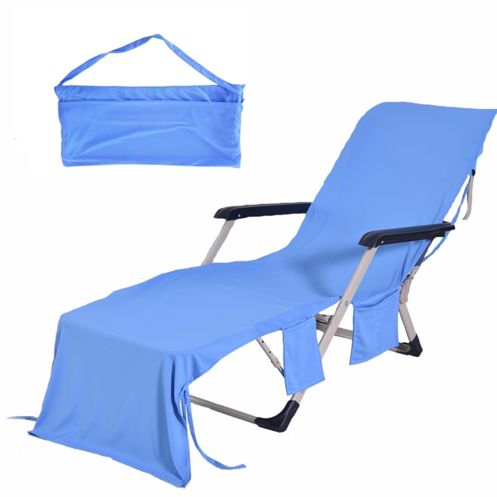 Beach Chair Cover with Pockets, Microfiber Cozy Quick Dry Chaise Lounge Chair Towel Cover for Pool Beach Garden Hotel Sunbathing, 83 x30 in (Blue)