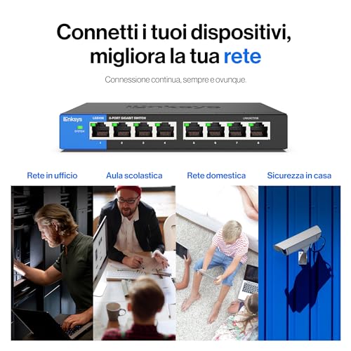 LGS108-EU Switch di rete Gigabit non gestito a 8 porte, hub Ethernet per casa e ufficio con chassis in metallo, montaggio a parete o su scrivania, sdoppiatore Ethernet, plug-and-play - Powerline - Immagine 8