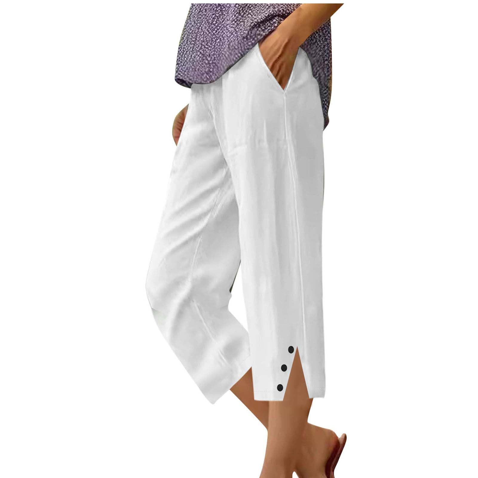 Linen Pants for Women High Waist Capri Pants Casual Summer Drawstring Elastic High Waist Linen Straight Wide Leg