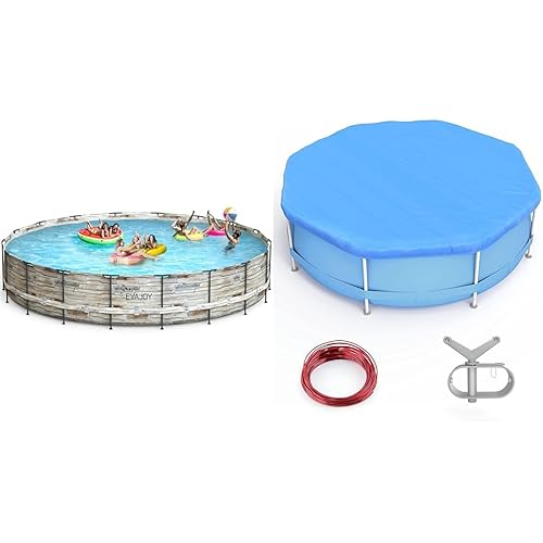 EVAJOY 24ft x 52inch Metal Frame Swimming Pool Set, Round above Ground Pool Set & 28ft Round Pool Cover, Winter Pool Cover for 24ft above Ground Round Inflatable Swimming Pool