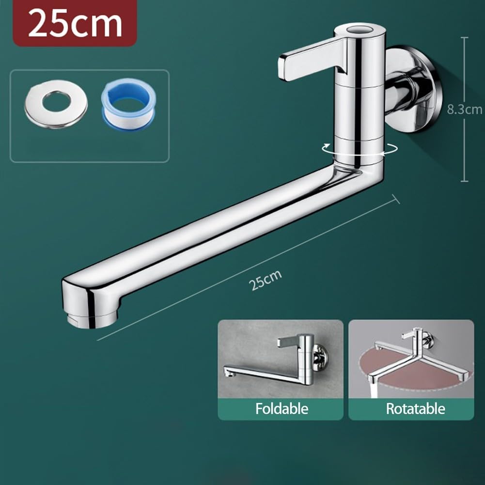 Rubinetto singolo girevole per acqua fredda, montaggio a parete, rubinetto da cucina 20 cm/25 cm, beccuccio esteso, in acciaio inox 304, per lavello, piscina, risparmio di spazio (25 cm)