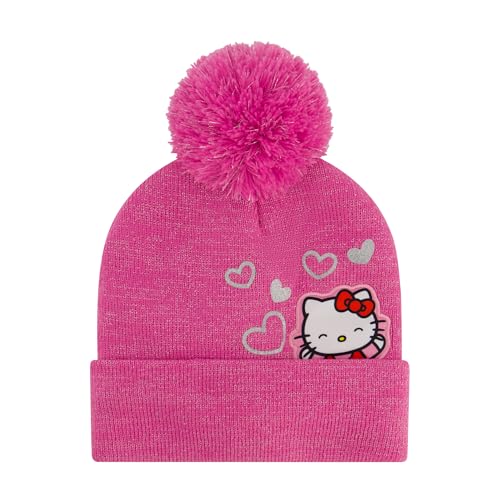 Hello Kitty Girls Beanie Hat and Gloves Set, Cuffed Knit Cap with Pom and Matching Mittens, Pink, One Size2