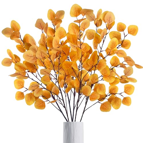 ROLLWAY 6 hojas artificiales de eucalipto para decoración de otoño, flores artificiales, hojas de otoño, ramas de otoño, hojas de otoño, ramas de otoño, ramas decorativas amarillas para decoración de