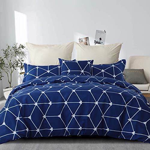 RUIKASI Housse de Couette 200x200 - Parure de Lit 200 x 200 Adulte avec Fermeture Éclair, Parure Housse Couette 2 Personnes Imprimé en Polycoton avec 2 Taies d'oreiller 65x65, Bleu Marin à Carreaux Cover
