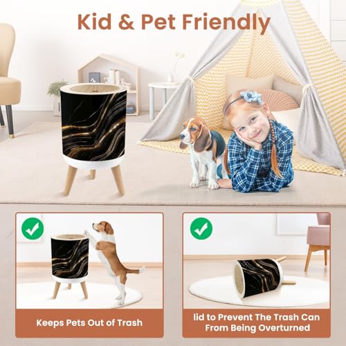 Image of Small Trash Can with Lid Marble texture wall surface black gold ink pattern graphic granite 1.8 Gallon Dog Proof Trash Can Round Garbage Can Waste Bin Wastebasket for Bathroom Bedroom Living Room