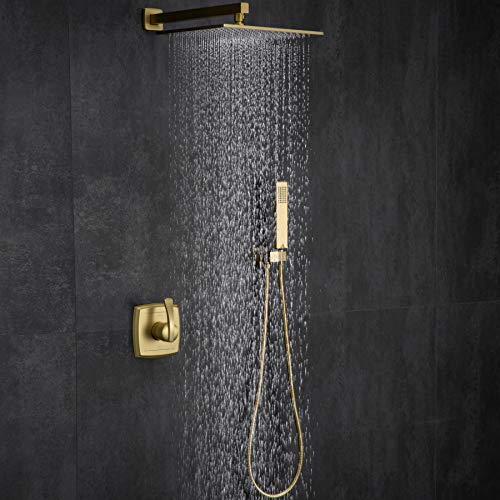 Shower System, Shower Faucet Set With Dual Functions, Bathroom Luxury Brass Brushed Gold With 10" Rain Shower Head Wall Mounted Shower Set All Metal, Brushed Gold (Rough In Valve Included) #TOP1