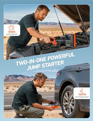 Image of AstroAI Beta822 3000A Jump Starter with Air Compressor, 150PSI Portable Tire Inflator with Auto-Shutoff, 12V Car Battery Booster (9.0 Gas /7.0L Diesel) with LED Light and Jumper Cables, Black