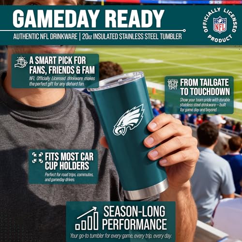 Image of Philadelphia Eagles NFL 20oz Stainless Steel Insulated Tumbler, Slider Lid | Officially licensed Eagles drinkware; double-wall vacuum construction; cupholder compatible; BPA-free; hand wash only