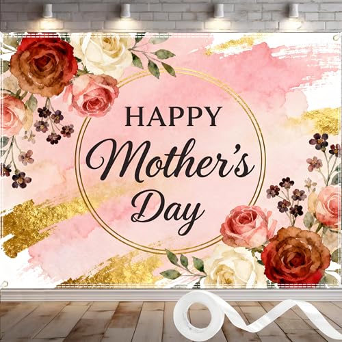 7x5FT Happy Mothers Day Banner Backdrop Flower Backdrop for Mothers Day Event Decoration Indoor Outdoor House Garden Yard Sign Background with Ribbon
