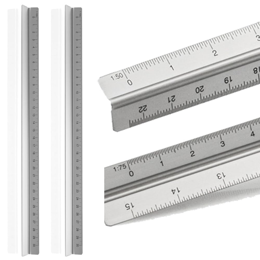 PACK 2x Escalímetro Profesional Triangular metalico de Aluminio 30 cm, con Escalas 1:20/1:25/1:50/1:75/1:100, Cara Lisa para Marcaje, regla metrica de escala