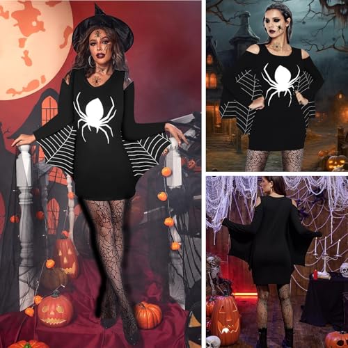 Spinnen Kostüm Damen, Halloween Kostüm Damen Spinnen Set, 1 Halloween Spinne Kostüm + 1 Spinnenstrümpfe + 10 Spinnenaufkleber, Spinnenkleid, für Erwachsene Halloween Fasching Karneval Cosplay (M)
