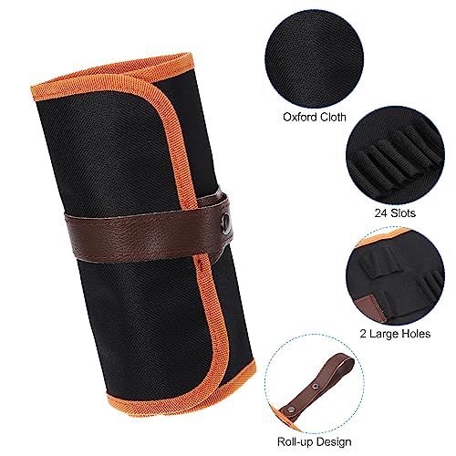 Image of PATIKIL Handmade 24 Slots Roll Up Pencil Case, Oxford Cloth Pencil Wrap Pouch Pen Holder Organizer for Artist Drawing Coloring Sketching, Orange /Black