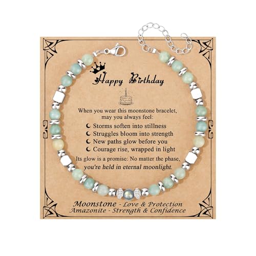 Bracelet Femme Pierre de Lune Amazonite – en Pierres Naturelles avec Perles en Acier Inoxydable Argenté, Bracelet Ajustable Fait Main, Bijoux Amulette Porte-Bonheur, Cadeau Anniversaire pour Femme
