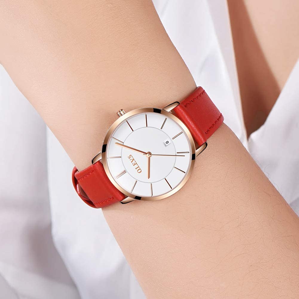 OLEVS Watches for Women Waterproof Wristwatches Analog Quartz Ultra Thin Red Watches Leather Strap Watches with Date Calendar Watches,Gifts for Women
