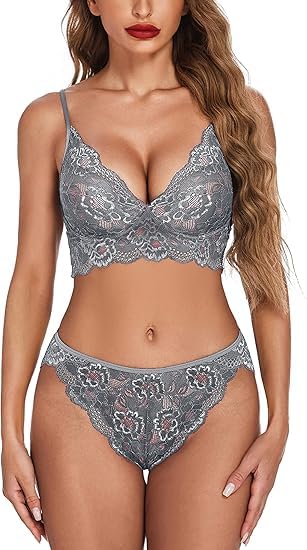 Image of LOURYN KOULYN Women's Lace Lingerie Bra and Panty Set Strappy Babydoll Bodysuit