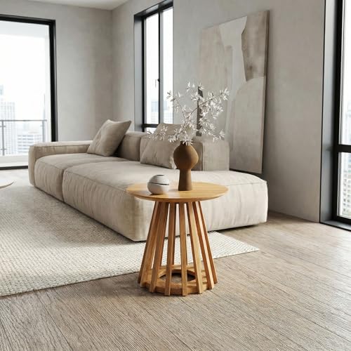 Image of HNY Round Fluted End Table, 19.7 inch Modern Black Side Table, Mid Century Wood Circle Bedside Tables Drink Table Nightstand for Bedroom, Living Room, Small Space, Natural