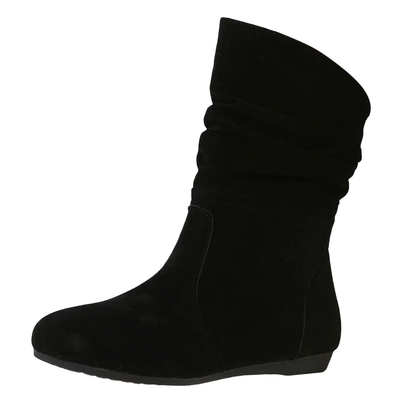 Wide Calf Boots for Women Fashion Slouch Round Toe Dressy Flat Booties Womens British Solid Color Suede Pleated