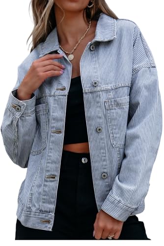 KevaMolly Womens Denim Jacket Long Sleeve Washed Oversize Pocketed Denim Jacket Pocket Casual Daily Coat