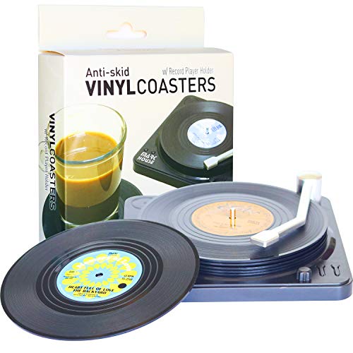 Funny Retro Vinyl Record Coasters for Drinks with Vinyl Record Player Holder for Music LoversSet of 6 Conversation Piece Sayings Drink CoasterHousewarming Hostess Gifts Wedding Registry Gift Ideas