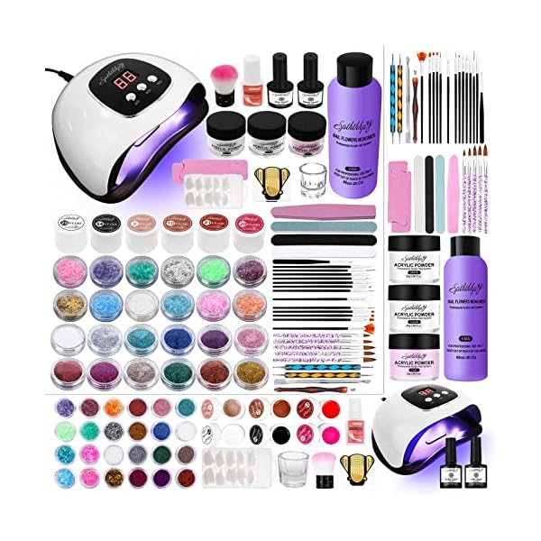 SPTHTHHPY Acrylic Nail Set of 6 UV Nail Polish Set with 48 W UV/LED Nail Lamp, 20g Acrylic Powder Set 3 Colours and 90 ml Acrylic Liquid Professional Liquid Set 15 Nail Brushes
