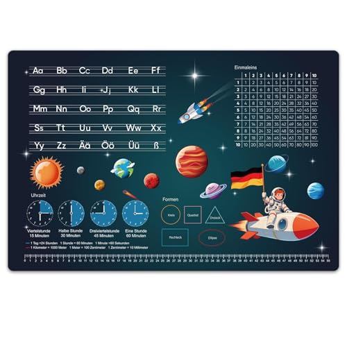 Schreibtischunterlage Kinder 60x40 cm Weltraum - Abwischbare Lernunterlage aus Leder für Jungen mit Alphabet & Einmaleins | Rutschfeste Desk Mat für Schule & Kinderzimmer