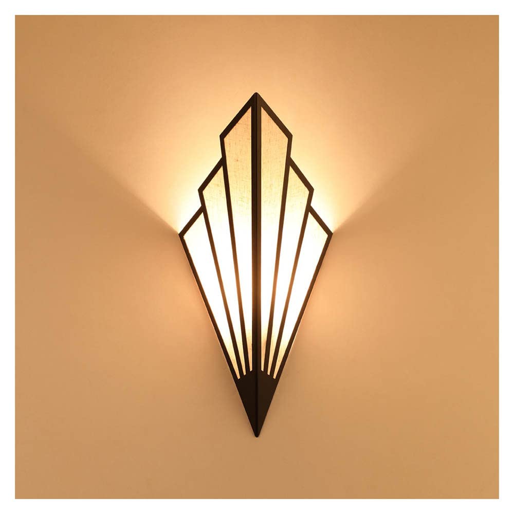 Simple Fan-shaped LED Wall Light Modern Wrought Iron Wall Sconce Light Linen Lampshade Fitting Art Deco Bedside Wall Lamp E14 Wall Spotlights Background Light for Living Room Bedroom Aisle Hotel,Black