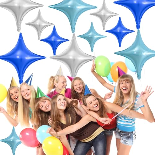 Image of Blue Silver Star Balloons,12Pcs Four Angle Star Foil Balloons | 26Inch and 10Inch Blue Silver Quadrangle Star Helium Balloon for Birthday Baby Shower Wedding Party Decorations