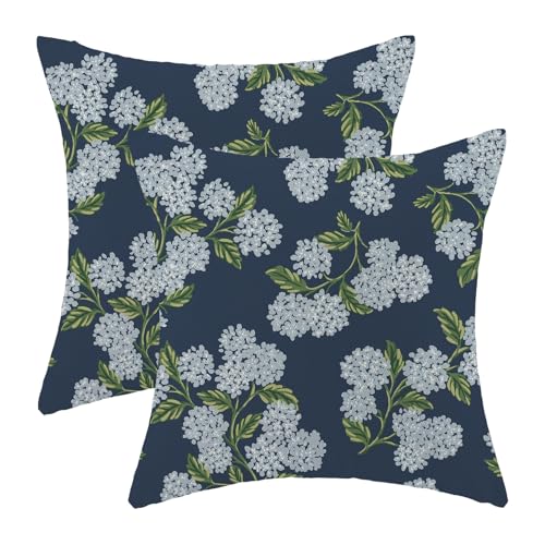Image of AEIOAE Spring Pillow Covers 18x18 Inch Set of 2, Navy Blue Green Hydrangea Flower Throw Pillows Case,Floral Summer Outdoor Seasonal Decorative Farmhouse Decor Cushion Covers for Home Sofa Bed Couch