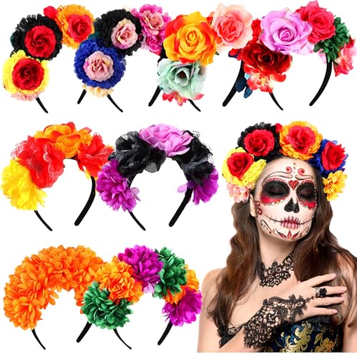 Zeyune Mexican Flower Headband Fiesta Rose Flower Crown Costume Mexican Headpiece for Women Party Cosplay Halloween(Bright Color 8 Pcs)