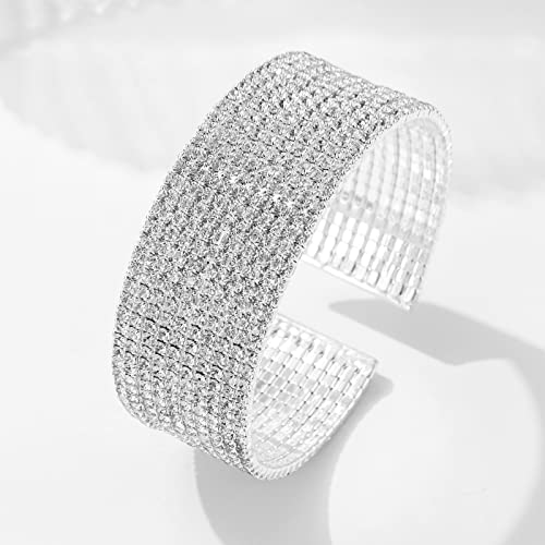 Ecesha B003 Sparkly Silver Simple 10 Rows Rhinestone Crystal Cluster Wide Arm Cuff Bracelet Wedding Jewelry thumb #6