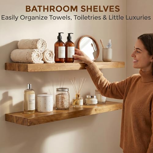 Image of Dreamland Rustic Elm Woood Floating Shelves for Wall Decor, 32 inch W x 8 inch D x 1.5 inch H Floating Shelves Set of 2, Wall Mounted Deep Wooden Shelf for Living Room, Bedroom, Kitchen, Bathroom, Natural