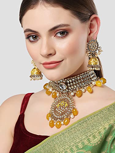 Image of Karatcart Gold Plated Pearl and Drop Kundan Studded Choker Necklace Setfor Women