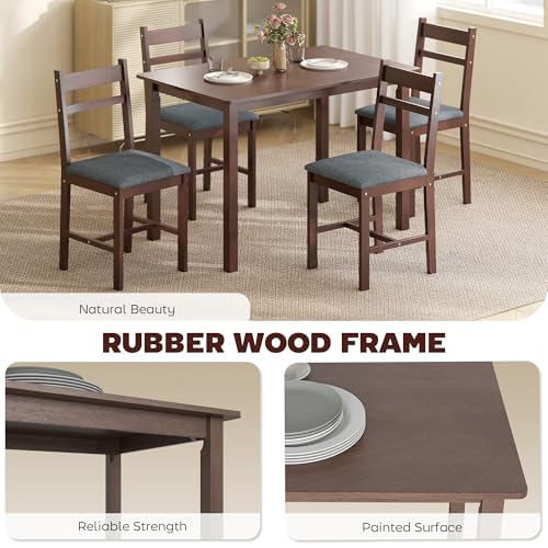HOMCOM 5-Piece Solid Wood Dining Table Set for 4, Farmhouse Kitchen Table with Upholstered Chairs for Small Space, Dining Room, Breakfast Nook, Walnut and Gray - Image 5