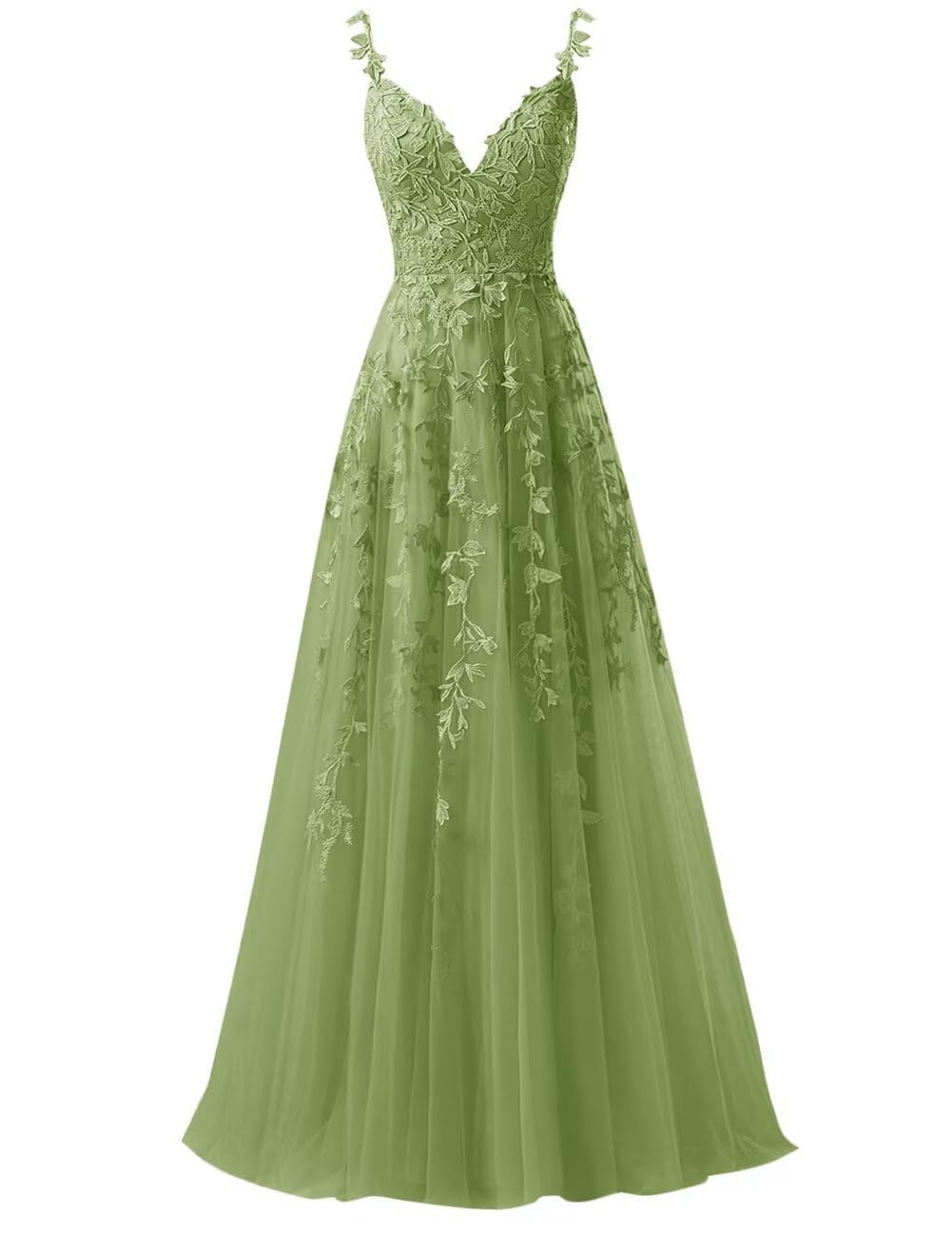 KURFACE Lace Applique Prom Dresses Sage Green for Women A Line V Neck Long Homecoming Dresses for Teens Ball Gown UK8