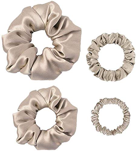 LILYSILK 4Pack Tan Charmeuse 100% Silk Scrunchies Set - Large & Skinny Elastic Hair Ties for Women & Girls
