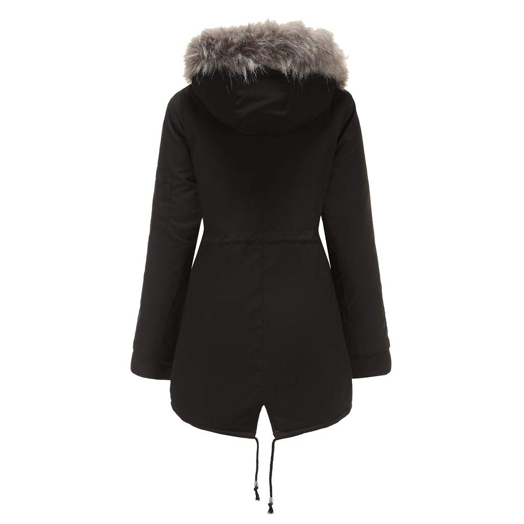 Płaszcze Parka Damskie Zimowe Termiczne Płaszcz Bawełniany Polar Długa Kurtka Z Kapturem Synthetic Futro Ciepła Kurtka Wiatroodporna Na Co Dzień Parka, Czarny (Black), XL