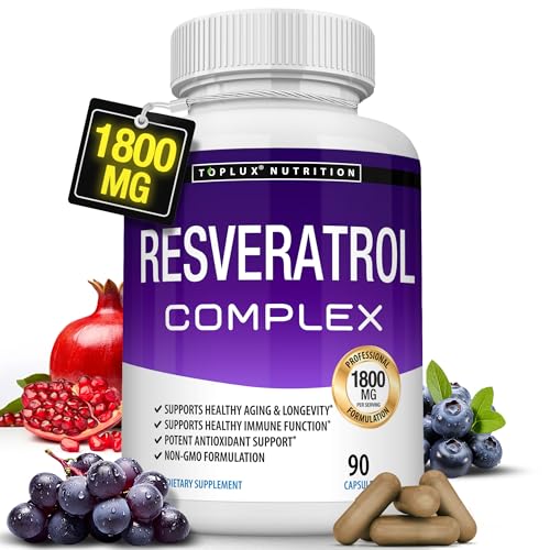 Resveratrol Supplement 1800 mg Antioxidant Complex - Highly Potent Natural Trans-Resveratrol Pills for Healthy Aging Overall Health Support Immune System Brain Function for Men Women 90 Capsules