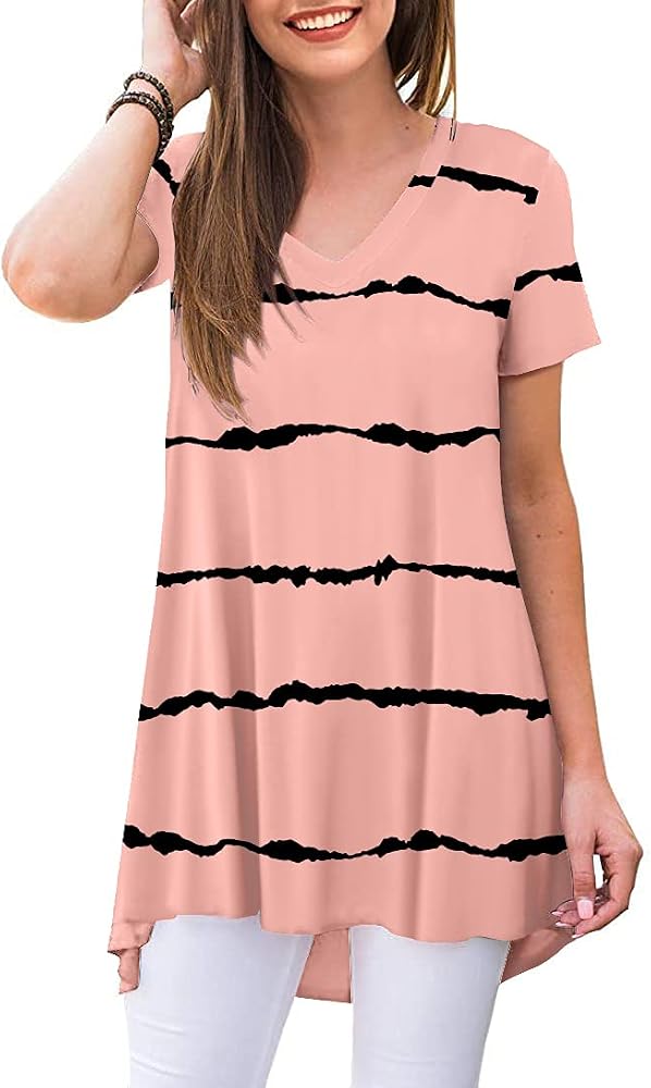 POPYOUNG Women's Long Tunic Tops to Wear with Leggings Summer Short Sleeve Loose Fit Dressy Shirts M-5XL