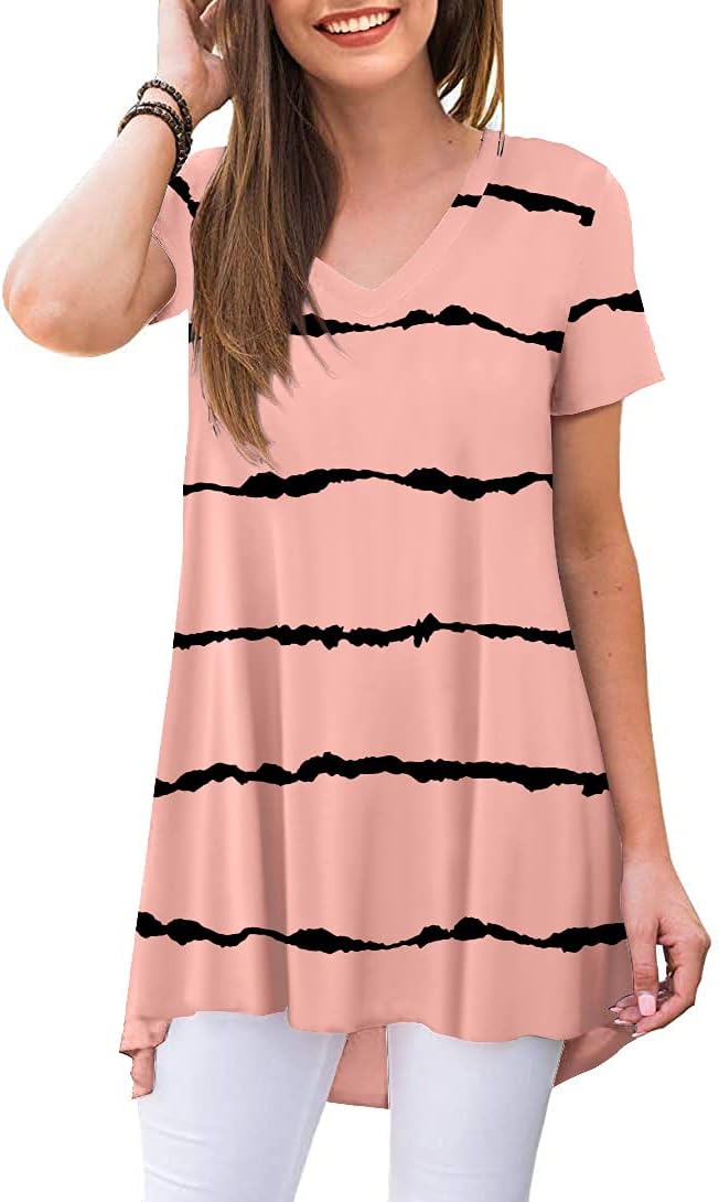 POPYOUNG Women's Long Tunic Tops to Wear with Leggings Summer Short Sleeve Loose Fit Dressy Shirts M-5XL