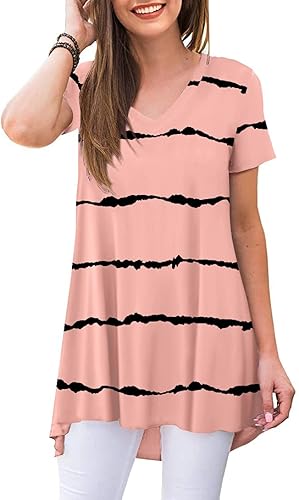 POPYOUNG - Camisa tipo túnica para mujer, de verano, informal, manga corta, cuello en V, suelta, para usar con leggings