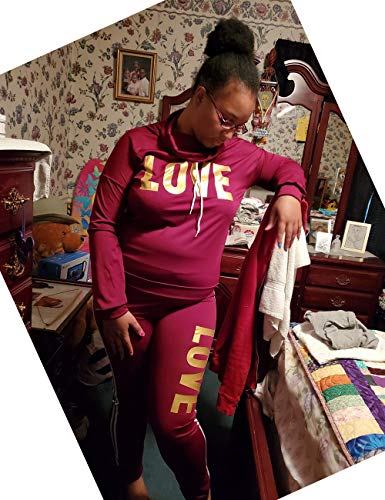 Women's Letter Print 2 Piece Outfits Cowl Neck Long Sleeve Sweatshirt and Pants Set Tracksuit Burgundy X-Large