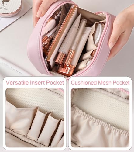 Travel Makeup Bag for Women-Cute Make up Bag with Compartments,Portable Vegan Leather Cosmetic Bag for Purse, Checkered Waterproof Makeup pouch (BROWN)4