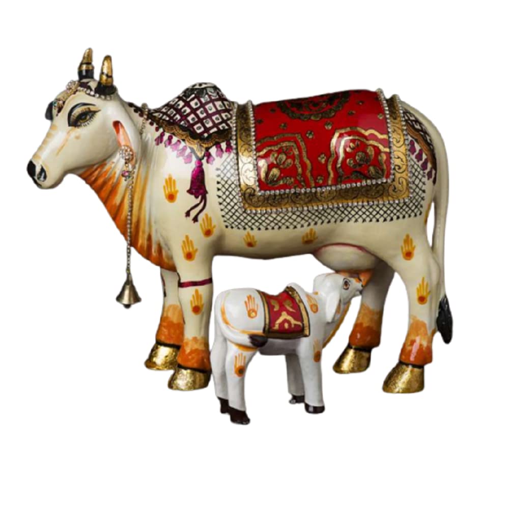 Urban Exotica Kamdhenu Cow with Calf Statue | Idol for Home Decor | Polyresin Statue for Home Decor | Temple and Vastu Puja | The Sacred Cow Grants All Wishes and Desires (Hand Painted Idol God - 4)