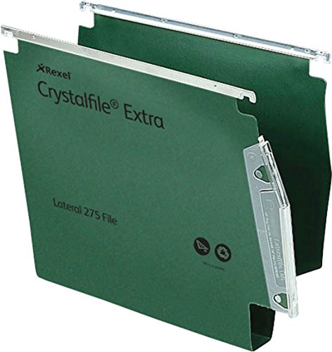 Rexel 275 Lateral Hanging Files with Tabs and Inserts, 30 mm base, Polypropylene, Green, Crystalfile Extra, Pack of 25, 70640